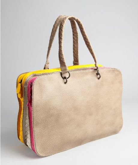 Bottega Veneta Beige Frayed Leather Multi Compartment Top Handle Bag in