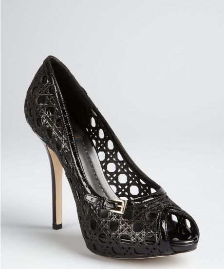 Dior Black Patent Cannage Mesh Leather Peep Toe Pumps in Black - Lyst