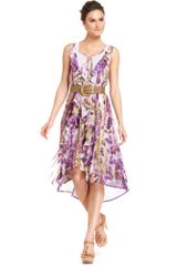 Nine West Sleeveless Belted Ruffled Printed High Low Hem