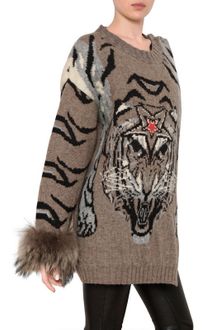 Philipp Plein Fox Fur Tiger Jacquard Wool Knit Coat - Lyst
