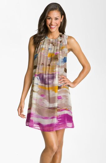 Calvin Klein Stitch Pleat Silk Chiffon Shift Dress - Lyst