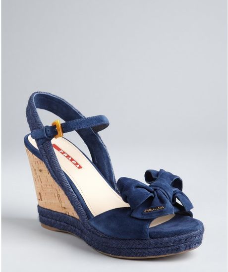Prada Prada Sport Ink Blue Suede and Jute Ankle Strap Wedges in Blue (ink) | Lyst