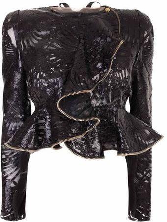 Alexander McQueen Laser Cut Patent Leather On Lace Wave Ruffle Jacket - Lyst