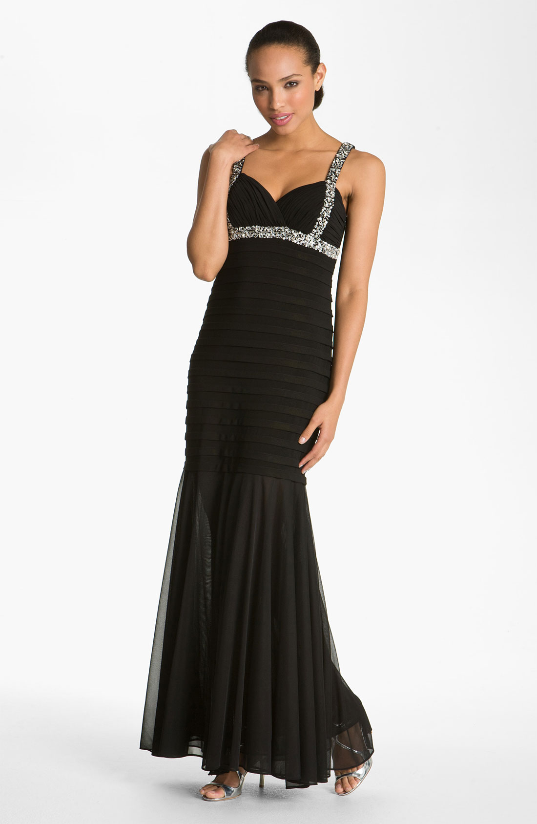 Betsy & Adam Embellished Mixed Media Gown In Black (black/ Silver) | Lyst