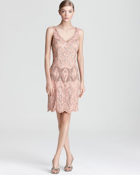 Sue Wong Embellished Dress V Neck in Beige (sandalwood) - Lyst