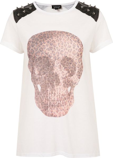 Topshop Stud Leopard Skull Tee in Animal (white) - Lyst