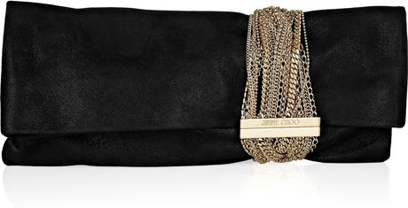 Jimmy Choo Chandra Chainembellished Glittered Suede Clutch in Black - Lyst