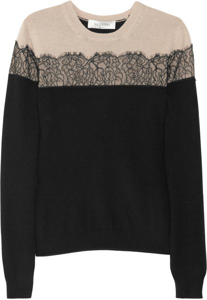 Valentino Laceappliquéd Woolblend Sweater in Black - Lyst