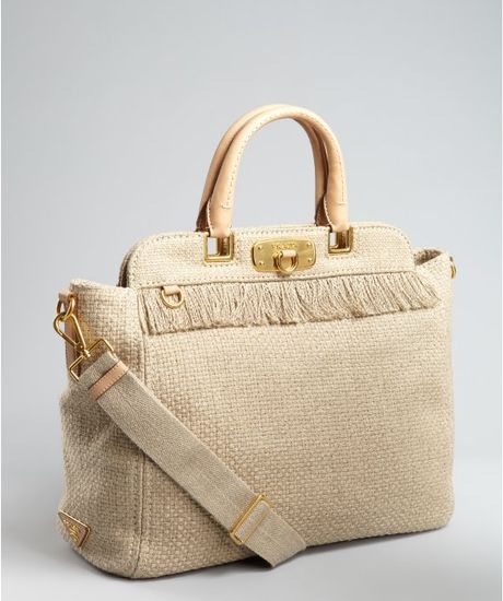 Prada  Woven Canvas Structured Top Tote Bag in Beige - Lyst