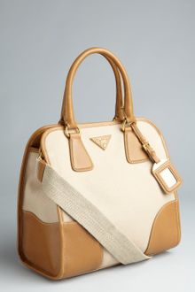 Prada Beige and Camel Canvas Structured Convertible Tote - Lyst