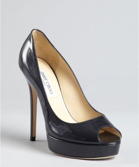 Jimmy Choo Navy Patent Leather Crown Peep Toe Platform Pumps in Black (navy) - Lyst