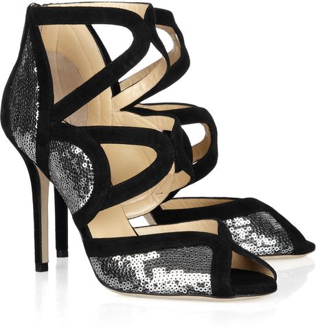Jimmy Choo Tune Sequined Cutout Suede Sandals in Black - Lyst
