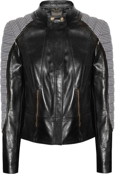 Versace Houndstooth Paneled Leather Jacket in Blue (black) - Lyst