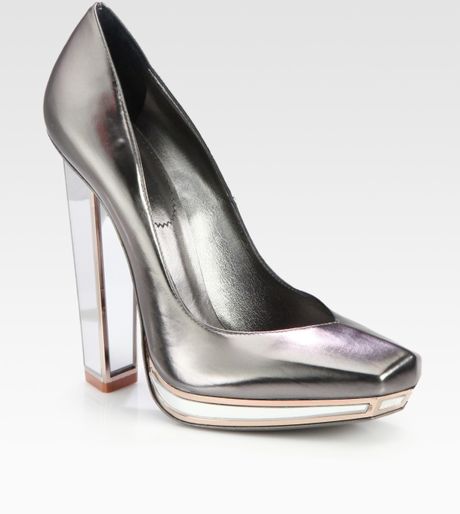 Yves Saint Laurent Metallic Leather Mirror Heel Platform Pumps in Silver (anthracite) - Lyst