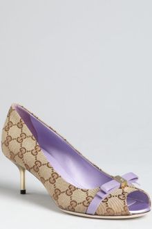 Gucci Beige and Lilac Gg Canvas Bow Peep Toe Pumps - Lyst