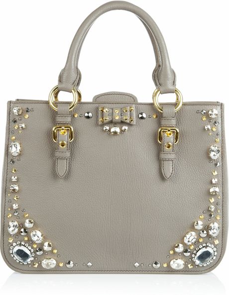 Miu Miu Crystal Embellished Studded Leather Tote in Gray (taupe) - Lyst
