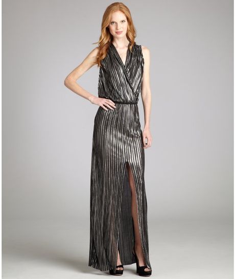 L'agence Silver Stripe Pleated High Slit Sleeveless Maxi Dress in Silver - Lyst