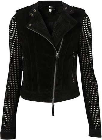 Topshop Suede Perforated Biker Jacket - Lyst