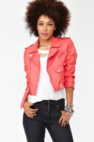Nasty Gal Cropped Moto Jacket in Pink (coral) - Lyst