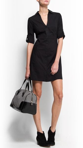 black ruched side fitted shirt dress