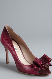 Miu Miu Peony Snake Embossed Leather Peep Toe Bow Heels - Lyst