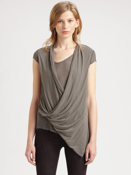 Helmut Lang Semisheer Draped Top in Brown (rosewood) - Lyst