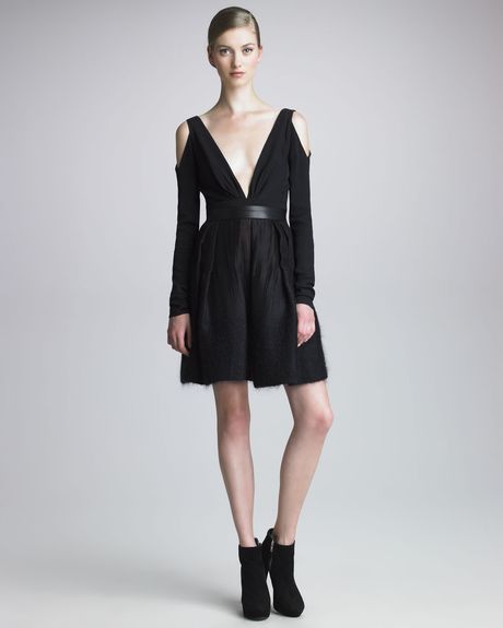 J. Mendel Longsleeve Plungingneckline Dress in Black - Lyst