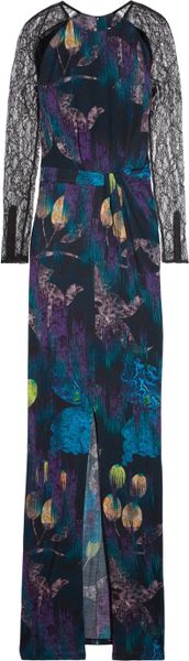Matthew Williamson Lace Sleeved Printed Jersey Maxi Dress in Blue (multicolored) - Lyst