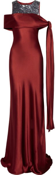 Amanda Wakeley Tie Shoulder Sequined Silk Satin Gown in Red (ruby) - Lyst
