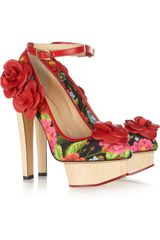 Charlotte Olympia Flora Printed Crepe Covered Leather Pumps