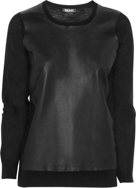 Dkny Merino Wool and Leather Sweater in Black - Lyst