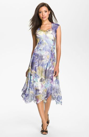 Komarov Cap Sleeve Handkerchief Hem Chiffon Dress - Lyst