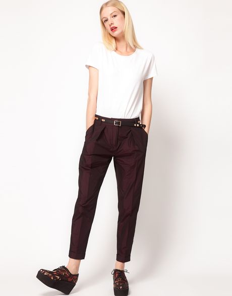 Asos Collection Asos Satin Peg Trousers with Front Pleat in Brown (burgandy) - Lyst