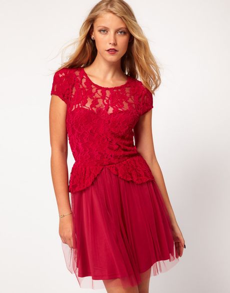 Asos Party Mesh Dress with Lace Peplum in Red (pink)