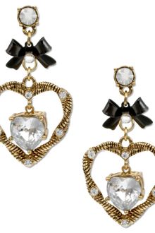 Betsey Johnson Gold Tone Crystal Rope Heart Drop Earrings - Lyst