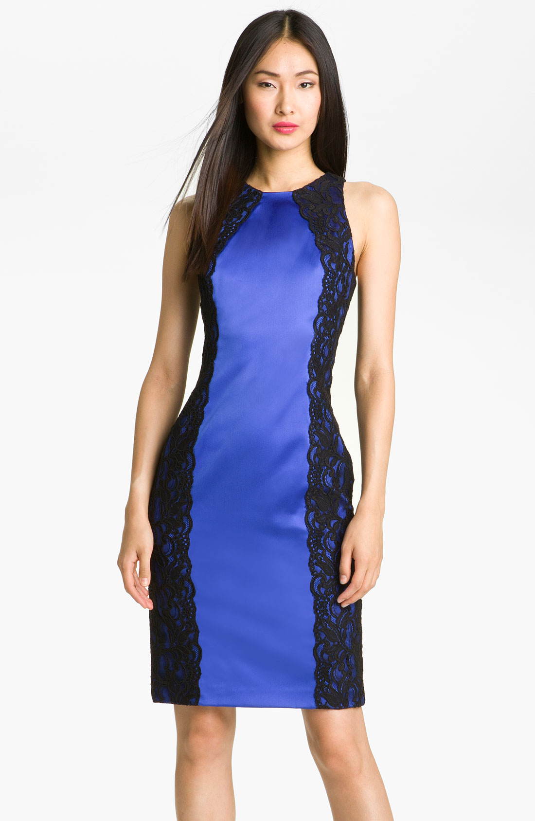 David Meister Lace Satin Sheath Dress in Blue (royal blue black) | Lyst