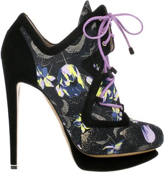 Nicholas Kirkwood Laceup Pumps in Black Suede and Floral Patterned Cotton Canvas - Lyst