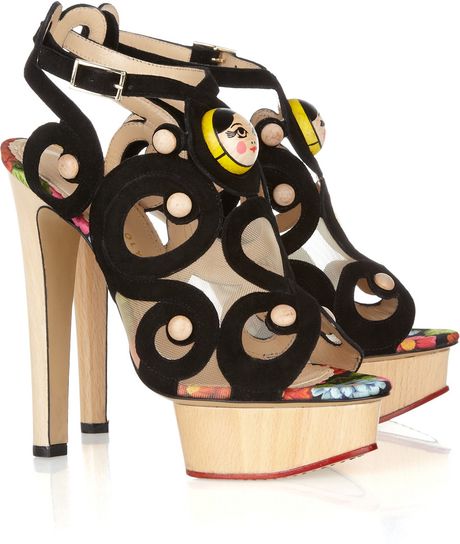 Charlotte Olympia Anastasia Suede and Wooden Sandals in Gold (black) - Lyst