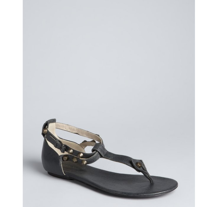 Balenciaga Pewter Studded Leather Gladiator T-strap Flat Sandals in Black (pewter) | Lyst