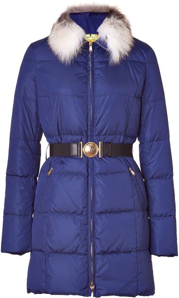 Emilio Pucci Blue Fox Fur Trimmed Belted Down Coat in Blue - Lyst