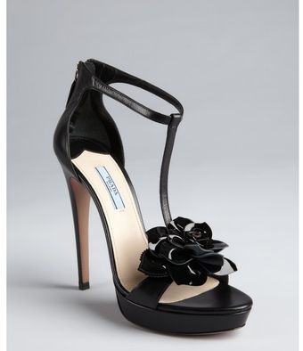 Prada Black Leather Rose Detail Tstrap Pumps - Lyst