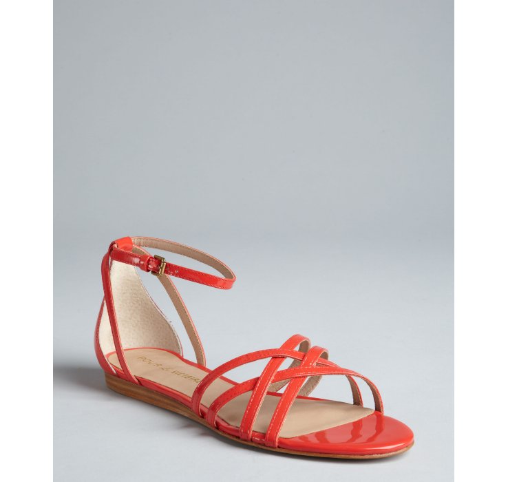 Pour La Victoire Coral Patent Leather Ankle Strap Faine Flat Sandals in Red (coral) | Lyst