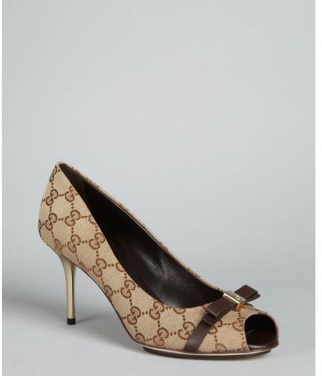 Gucci Beige Gg Canvas Peep Toe Bow Pumps in Beige - Lyst