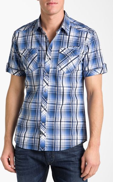 7 Diamonds Blue On Blue Plaid Woven Shirt in Blue for Men - Lyst