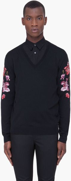 Alexander Mcqueen Black Floral Embroidered Sweater in Black for Men - Lyst