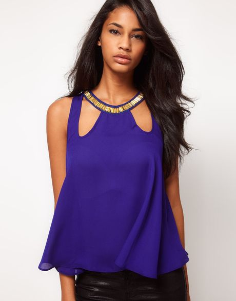 Asos Collection Embellished Swing Cami with Cut Outs in Blue (cobalt) - Lyst