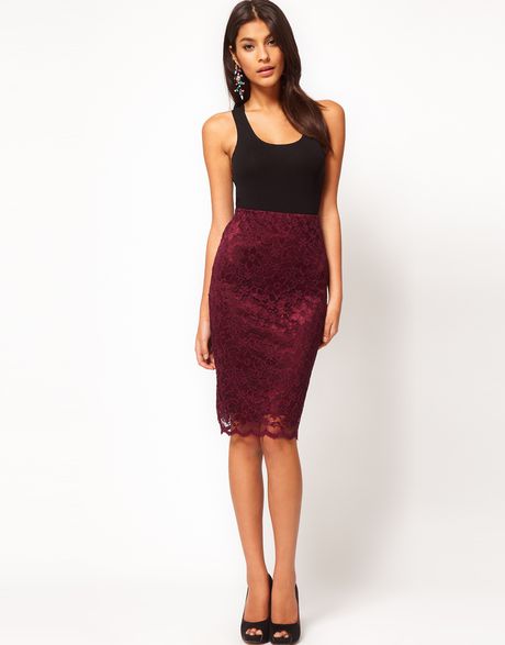 Asos Collection  Pencil Skirt in Lace with Scallop Hem in Purple (maroon) - Lyst
