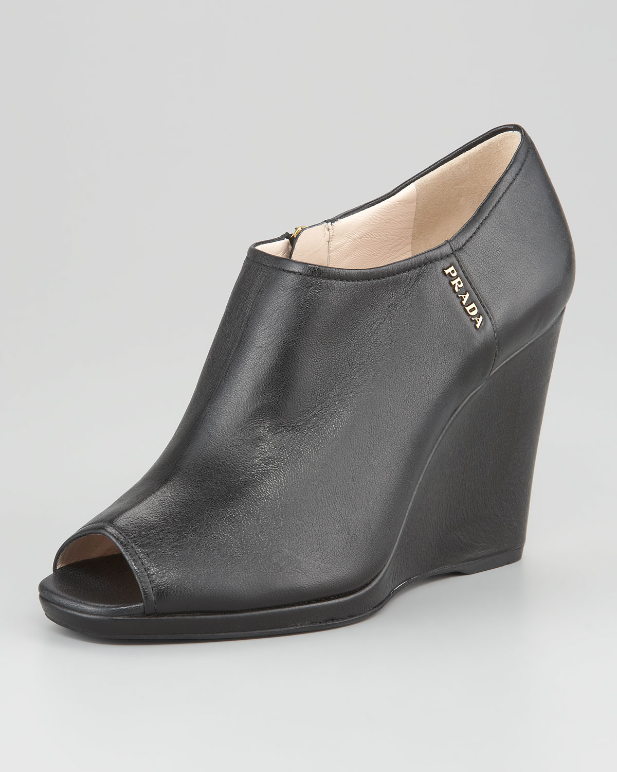Prada Leather Peeptoe Platform Wedge Bootie in Black Lyst