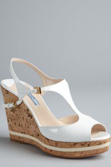 Prada White Patent Leather and Cork Peep Toe Wedges - Lyst