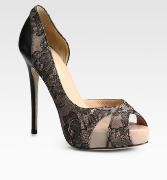 Valentino Beaded Lace and Leather Dorsay Pumps - Lyst